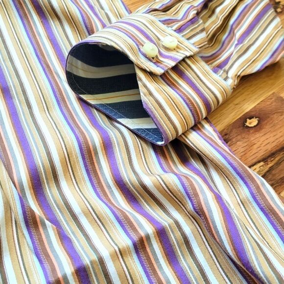 TD Thomas Dean LARGE Striped L/S Button Up Shirt Purple Gold - Picture 3 of 6